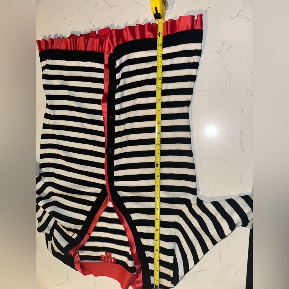ELLE Black and White Striped w Red ruffle  Button Up Cardigan Sweater Women’s L - Picture 6 of 6